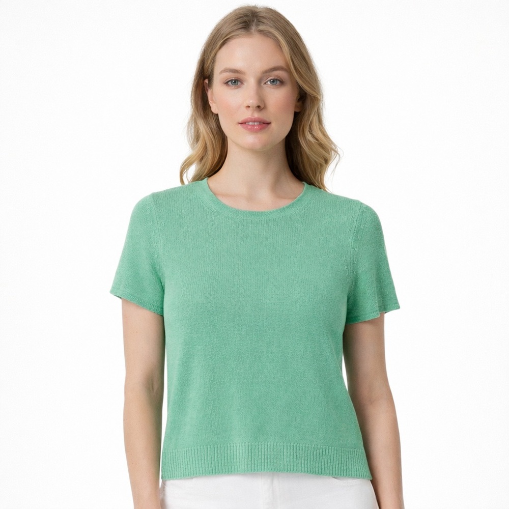 C BY BLOOMINGDALES CASHMERE Short Sleeve Sweater Fern Green Size L‎